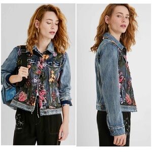 New! Desigual Balt Sequin Embroidered Denim Jacket 🌸 Medium